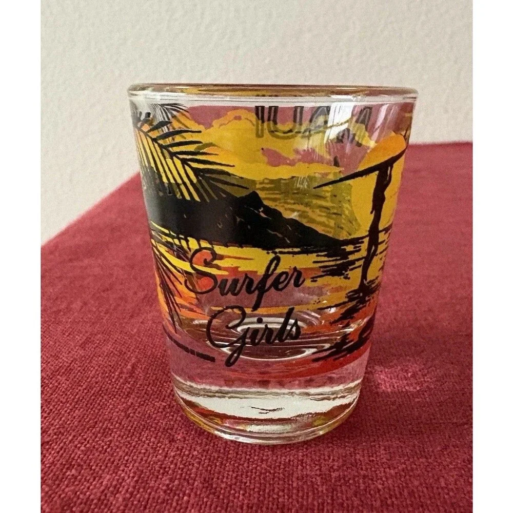 Vintage 1980s/1990s Libbey Maui Souvenir Shot Glass Surfer Girls Hawaii Beach